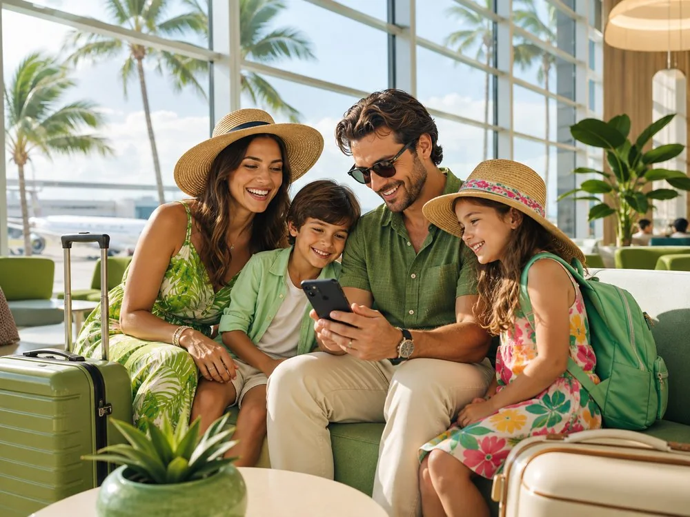 A family checking travel plans on a phone in an airport lounge